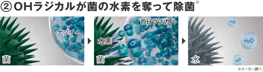 ②OHラジカルが菌の水素を奪って除菌